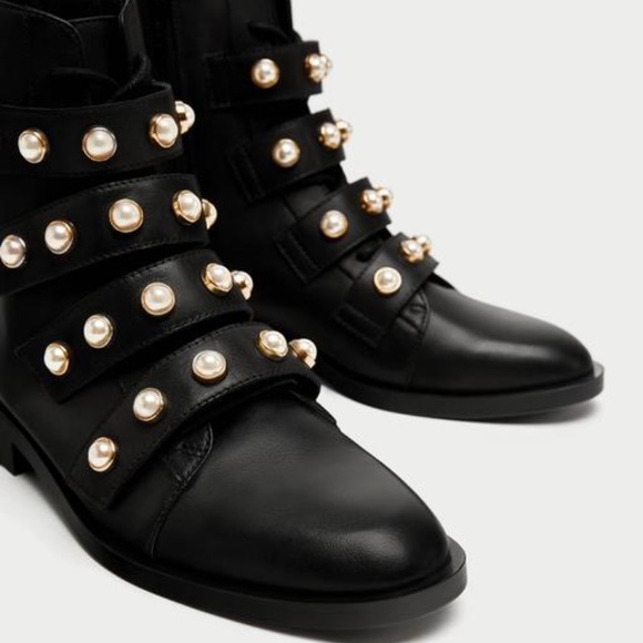 Zara Combat Faux Pearl Strap Ankle Boots - Picture 2 of 8